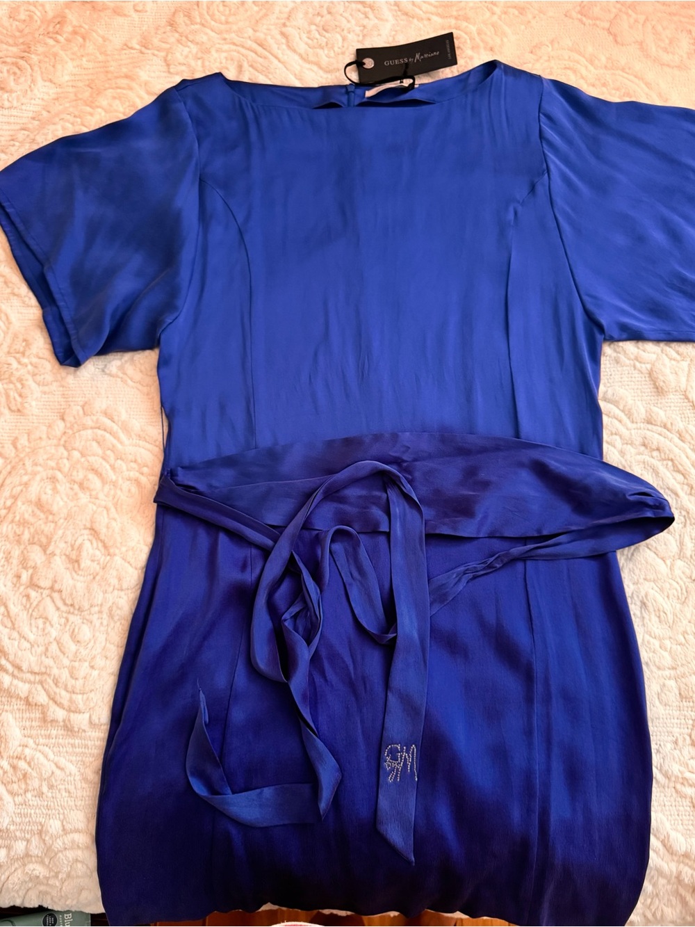 Guess by Marciano Cobalt Blue Tie-Waist Silk Short Sleeve Tunic